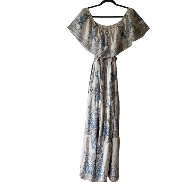 Shein Blue Floral Off Shoulder Maxi Dress Large Boho Summer Ruffle Tiered - Picture 1 of 9